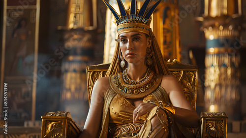 Cleopatra sitting on her throne in an Egyptian palace. wearing gold and jewels  © Oleksandr