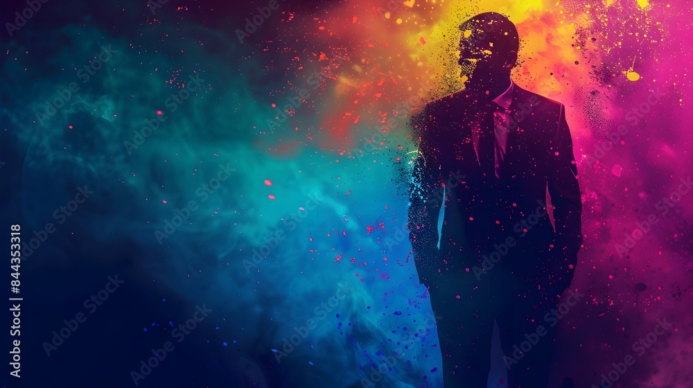 Silhouetted Businessman Engulfed in Vibrant Color Explosion Symbolizing Business Creativity and Motivation Silhouetted Businessman Engulfed in Vibrant Color Explosion Symbolizing Business Creativity and Motivation
