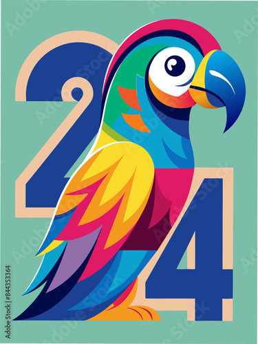 A colorful parrot, text: 2024