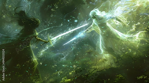 Epic fantasy artwork depicting a dramatic sword fight between mystical light and dark figures in a magical forest setting.