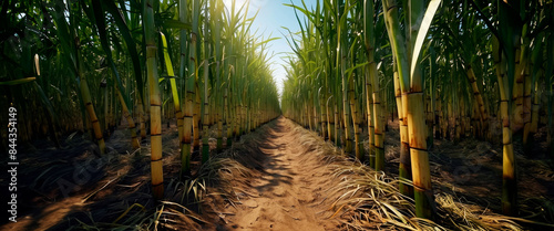 A field of sugar reeds, sugarcane green stems, copy space.