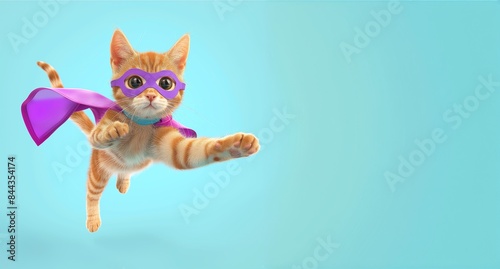 Playful ginger kitten in purple superhero mask and cape flying against turquoise background with copy space, embodying childhood imagination and adventure