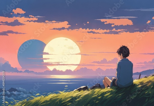illustration of a lone person at night by moonlight in anime and cartoon style.