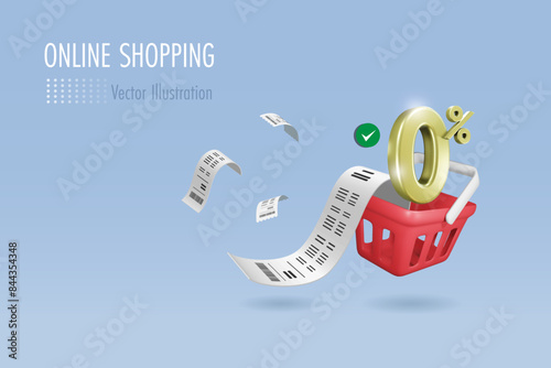 0% interest fee in shopping basket with bill receipt for online shopping, E commerce promotion campaign, financial marketing.3D vector.
