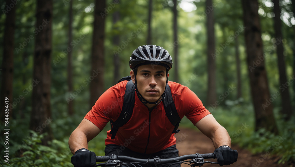 Fototapeta premium A man in a red jersey and black helmet