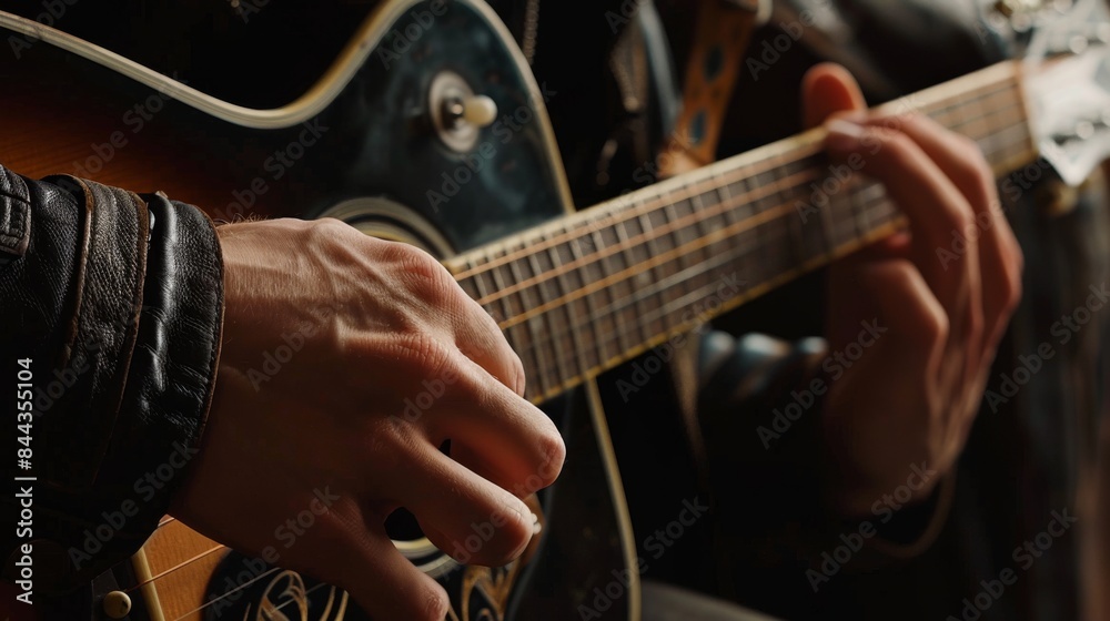 Fototapeta premium man with guitar, talent and instrument with strings, performance and musician