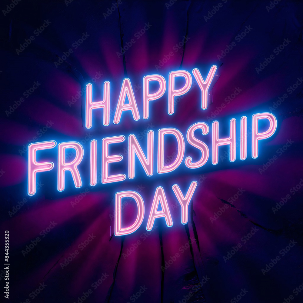 Neon sign style lettering of Happy Friendship Day glowing brightly against a dark background