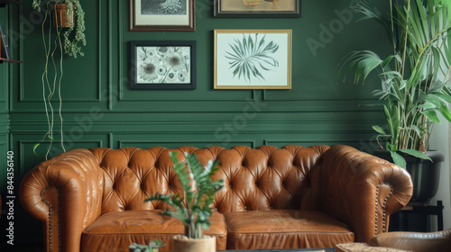 Wooden frames in dark green wall decor complement the leather sofa and home décor.