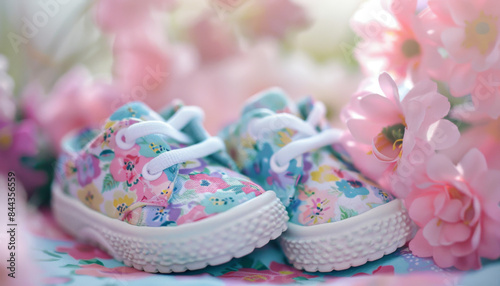 A pair of baby shoes with a floral pattern are sitting on a table next to a bunc photo