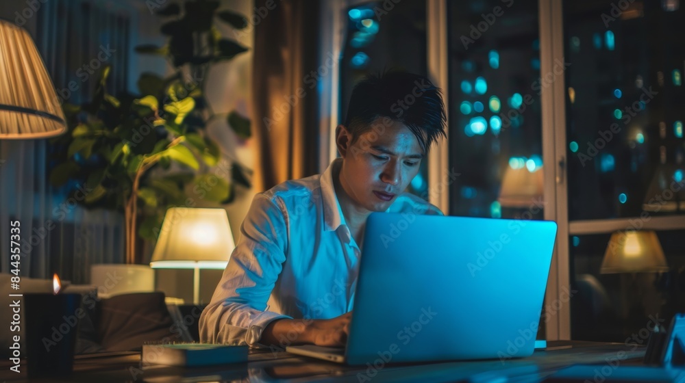Photo of Asian businessman working using laptop in office at night Late night at the home office Online meeting, hard work Photo of Asian businessman working using laptop in office at night Late night at the home office Online meeting, hard work