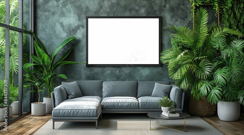 modern living room with sofa and empty white poster