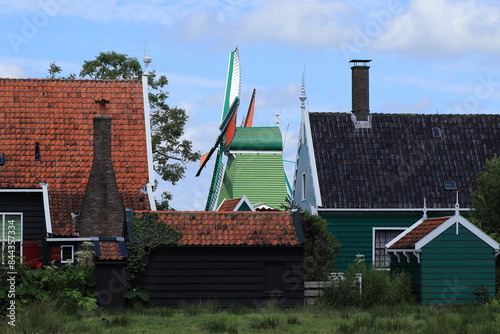 Zaanse Schans Traditional Houses with Windmill, Netherlands photo