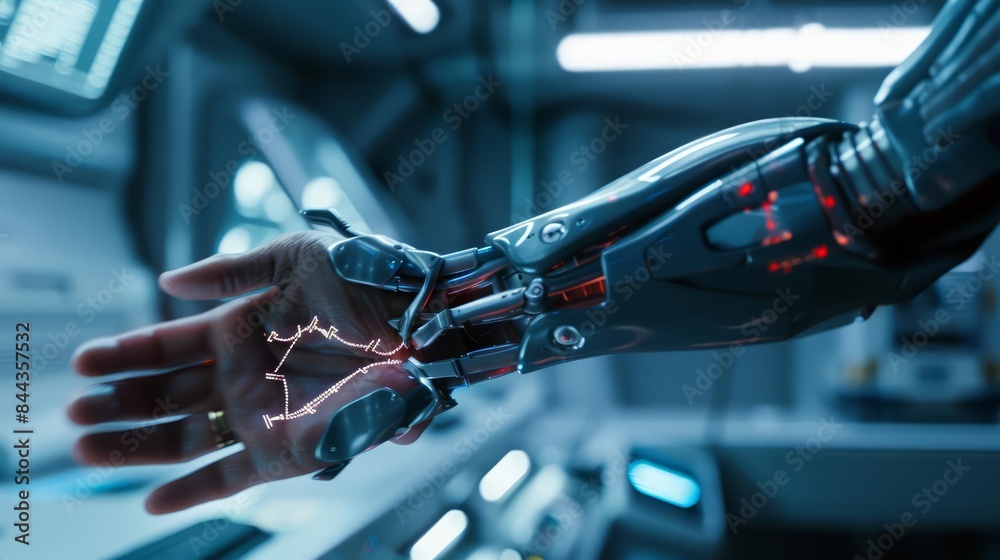 A closeup of a patients arm with dissolvable stitches in a futuristic medical facility A closeup of a patients arm with dissolvable stitches in a futuristic medical facility