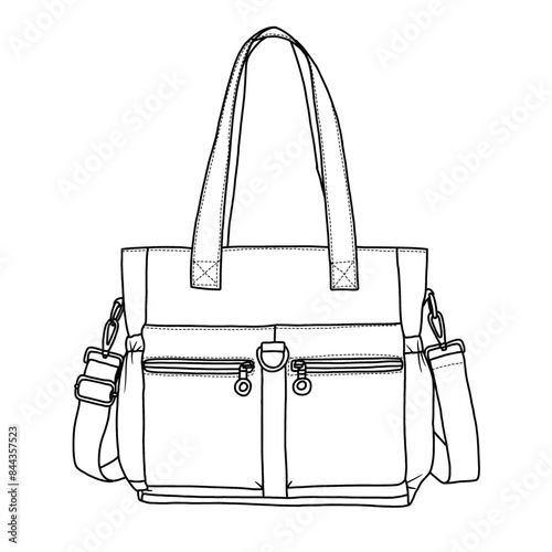 Tote Bag for Women Purse and Handbags Tote Purse Cross body Bag Multi Pocket Line art, outline vector doodle illustration front view, isolated on white background