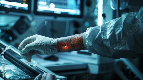 A closeup of a patients arm with dissolvable stitches in a futuristic medical facility