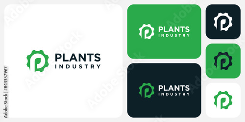 Eco-friendly letter P leaf and gear shape industrial vector logo design with modern, simple, clean and abstract style.