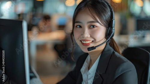 Attractive Asian businesswoman in suit and headset smiling while working on computer at office Customer service assistant working in office. VOIP Helpdesk headset