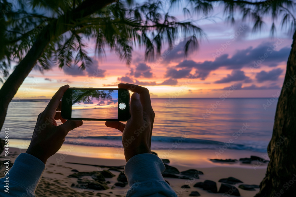 Man, hands and phone for picture in nature at sunset, vacation with memory of horizon. Mobile photographer, screen and summer scene with tree at dusk, beach holiday with creativity in Mauritius