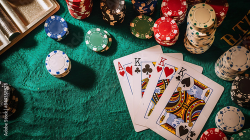 Poker chips and playing cards lying on poker table in club