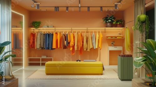 Modern Boutique Interior with Vibrant Clothing Display