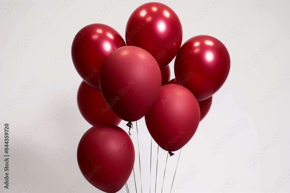 A cluster of matte red balloons in varying sizes, hovering against a solid white background, their smooth surfaces absorbing the light, A cluster of matte red balloons in varying sizes, hovering against a solid white background, their smooth surfaces absorbing the light,