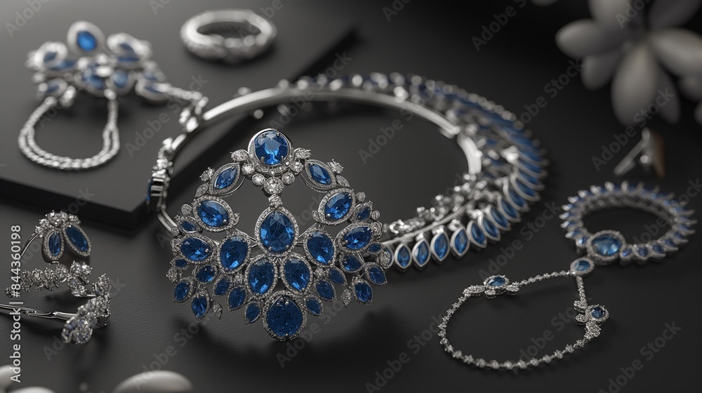 Obraz premium AI generator images of Jewelry designs such as necklaces, bracelets, rings, bangles decorated with gold, silver and various gemstones such as diamonds, gems, sapphires.