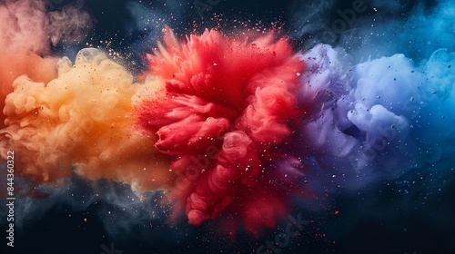 An abstract photograph of three colored smoke plumes exploding in water, creating a vibrant and artistic scene