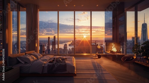 A bedroom in an apartment on the top floor of a skyscraper with large windows overlooking New York City at sunset, with a fireplace and modern furniture, interior design photography © Ammar