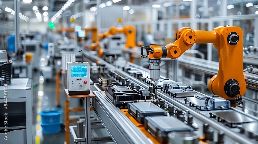 Modern factory with AI-controlled machinery, streamlined assembly line producing innovative gadgets, futuristic elements, clean lines, sharp focus Modern factory with AI-controlled machinery, streamlined assembly line producing innovative gadgets, futuristic elements, clean lines, sharp focus