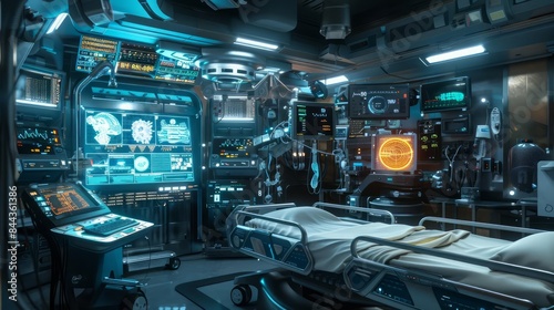 An ICU filled with hightech medical equipment and holographic patient data displays