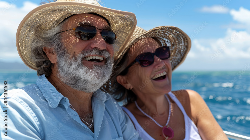 A man and woman are smiling and laughing while sitting on a boat in the ocean