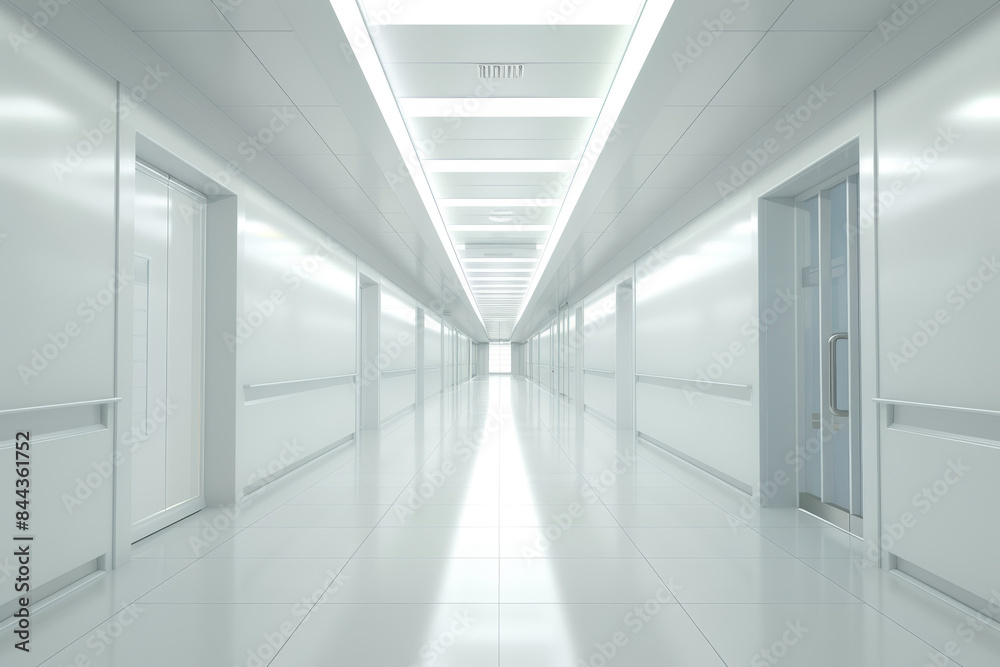 Obraz premium A long, empty hallway with white walls and white floors