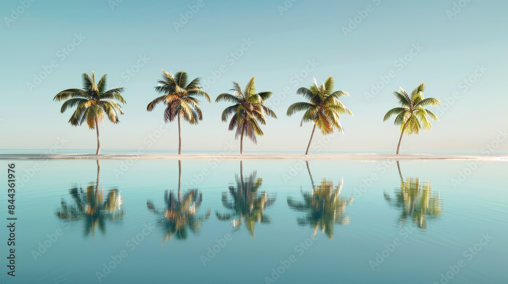 A beautiful tropical scene with palm trees and a calm blue ocean A beautiful tropical scene with palm trees and a calm blue ocean