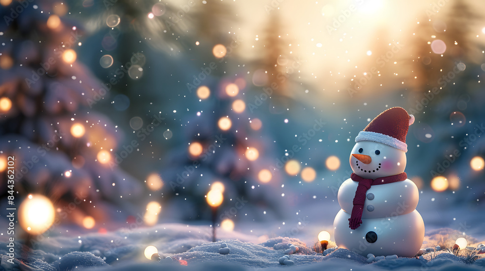 Fototapeta premium Colorful happy smiling snowman in a winter landscape with a beautiful forest and glowing lights in the background. copy space concept for Christmas or New Year greeting card design 