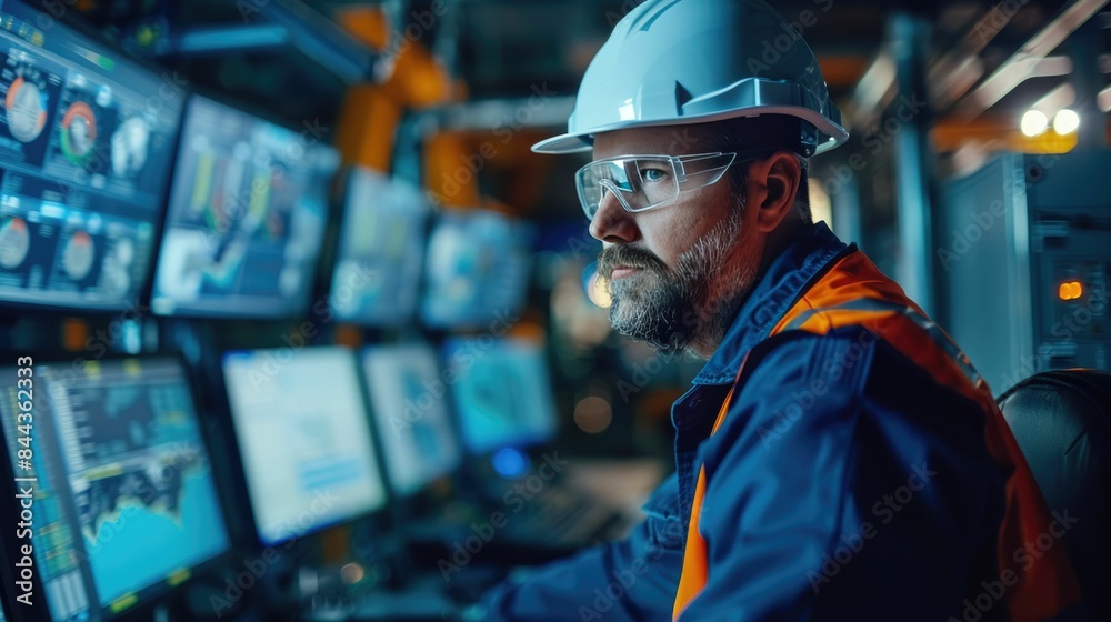 Engineer in a control room monitoring petroleum extraction process Engineer in a control room monitoring petroleum extraction process