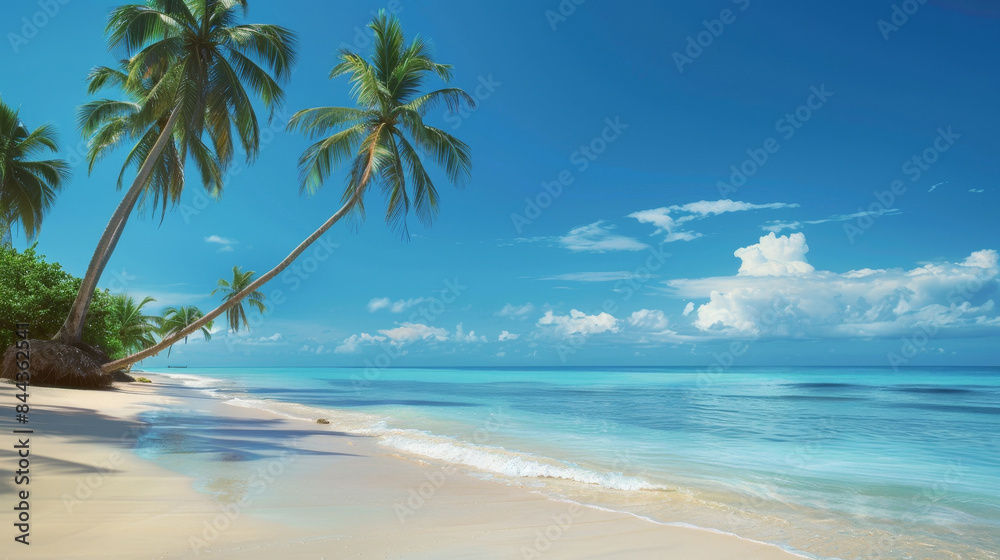A beautiful beach with palm trees and a clear blue ocean A beautiful beach with palm trees and a clear blue ocean