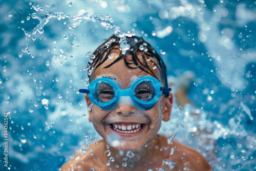 A young boy is smiling and splashing in a pool