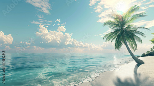 A beautiful beach scene with a palm tree in the foreground