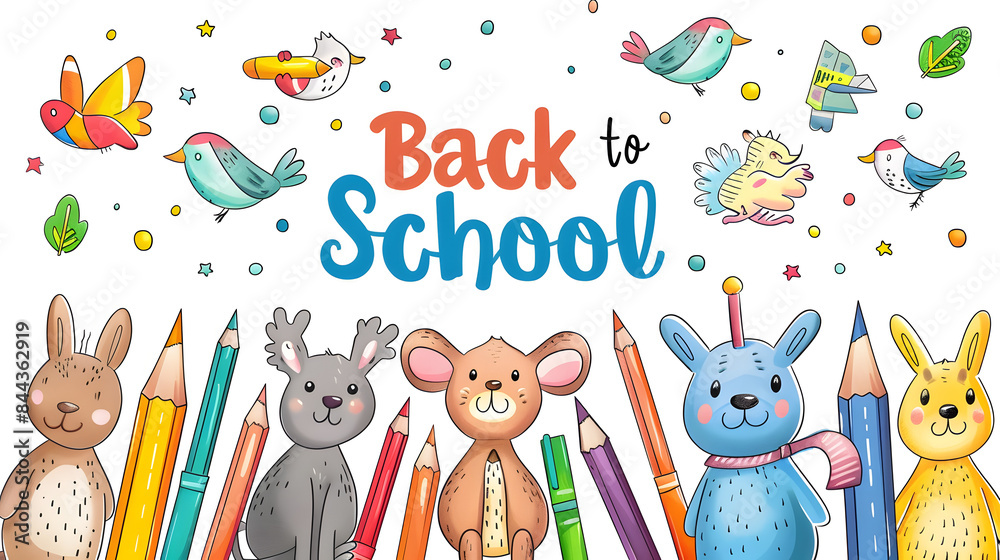 Obraz premium Cute cartoon animals with colorful pencils and markers. creating an illustration of the words Back to School in bright colors 