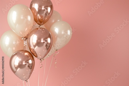 An elegant arrangement of rose gold and cream balloons with metallic finishes, floating against a solid blush pink background, their surfaces reflecting light delicately,
