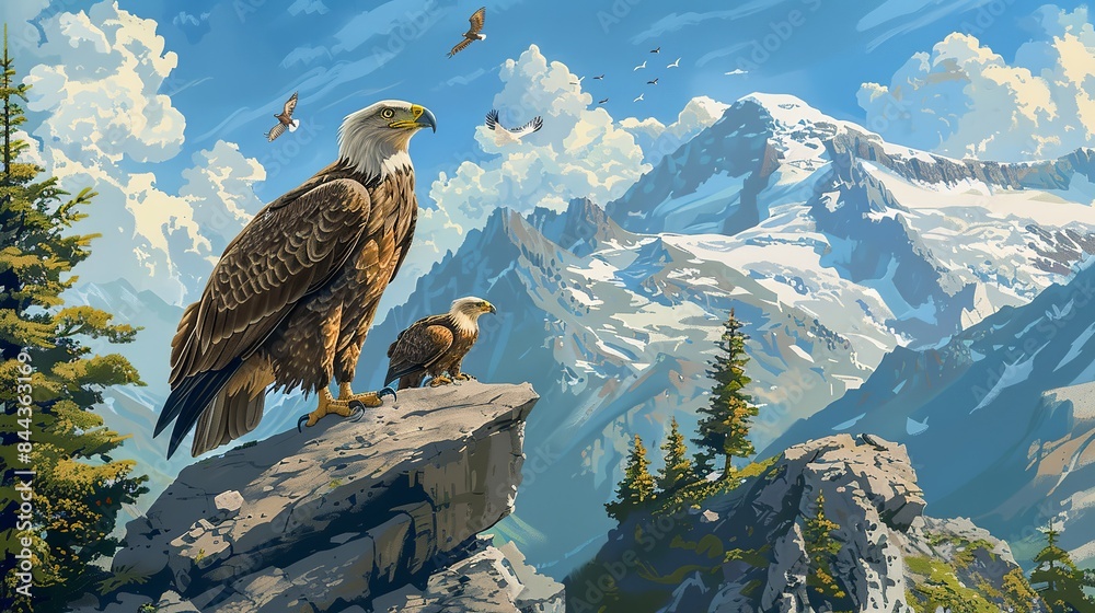 Fototapeta premium mother eagle, high mountain and view around.