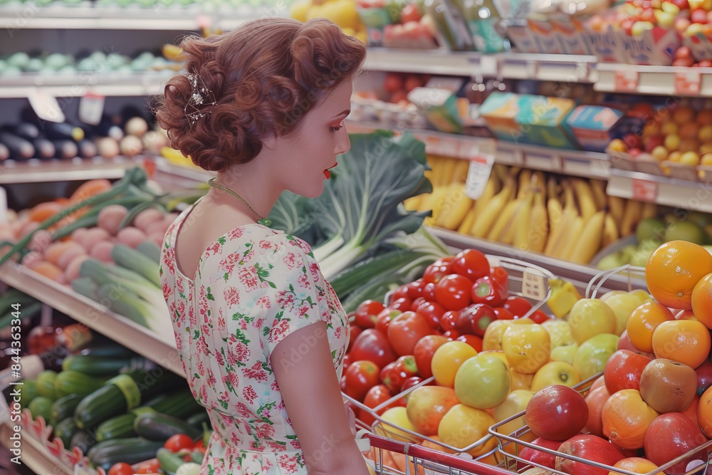 A woman in a floral dress is shopping for fruit A woman in a floral dress is shopping for fruit