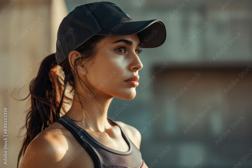 A woman wearing a black hat and a black tank top is standing in front of a wall