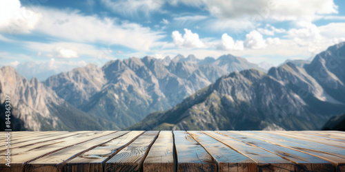 empty table top dais wooden podium platform and mountain background for hiking tourism outdoor travel tour, mountain climbing, camping products, equipment, clothing or footwear, food or drinks 