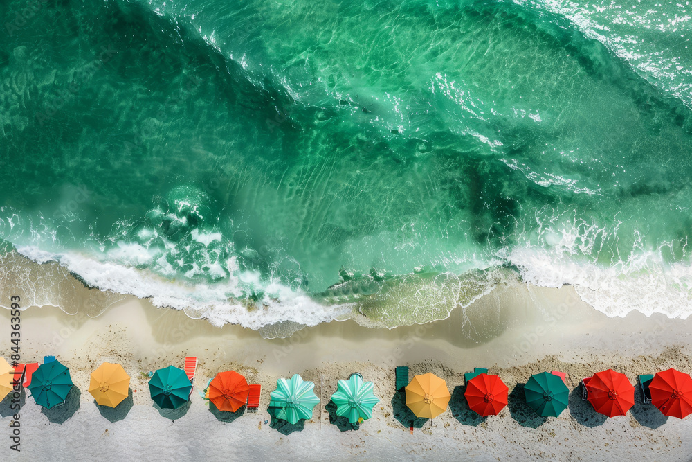 Fototapeta premium A row of beach umbrellas are lined up on the beach