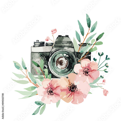 Photography watercolor floral camera logo bundle, set of watercolor photography logo