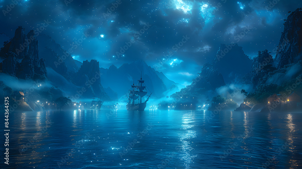 Fototapeta premium pirate ship on the island at night