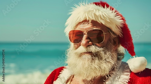 Santa Claus with sunglasses and a Santa hat enjoying a sunny day at the beach with a bright blue ocean backdrop.