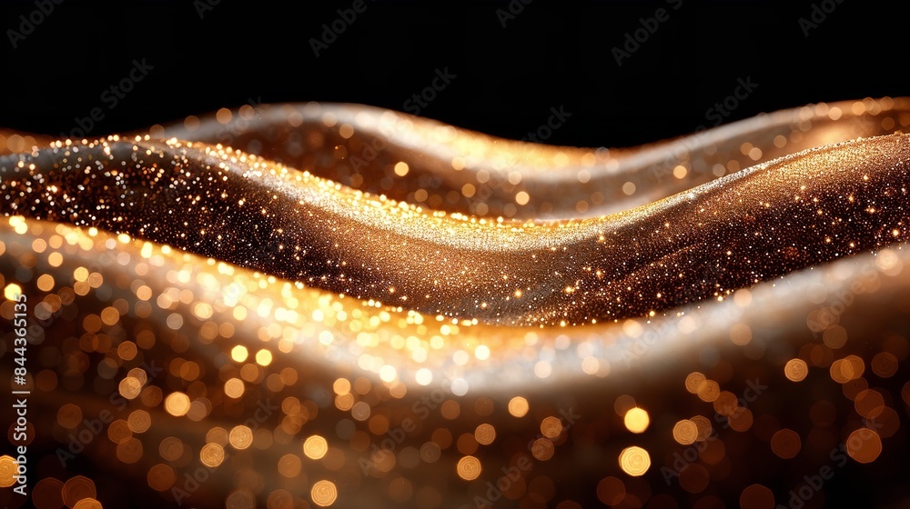 An abstract image of golden waves with sparkling particles in a dark background An abstract image of golden waves with sparkling particles in a dark background