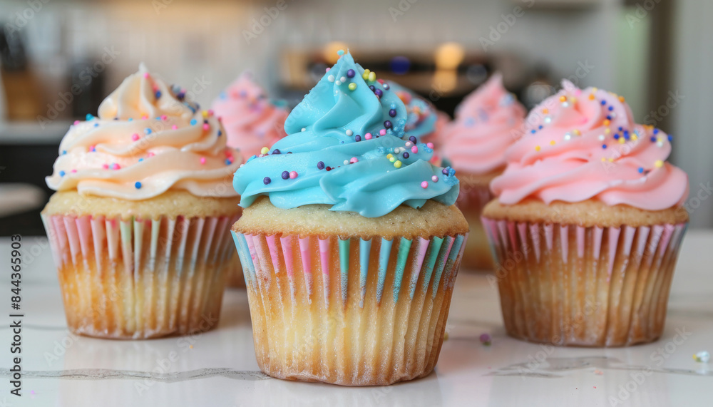 A row of cupcakes with different colored frosting and sprinkles A row of cupcakes with different colored frosting and sprinkles